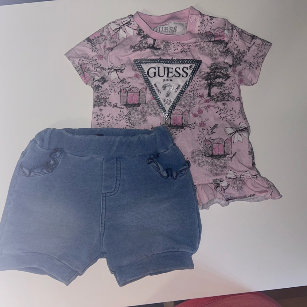 Guess Pink Graphic Tee and Blue Shorts Set